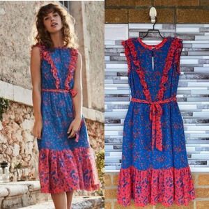 Boden Blue and Pink Floral Ruffle Midi Dress